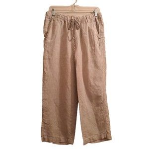 Allen Allen 100% Linen Culottes Cropped Pants Oatmeal Elastic Waistband
